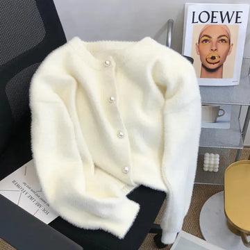 Getadme Korean Simple O-neck Single-breasted Imitation Mink Velvet Knitted Sweater Casual Loose Soft Pearl Buttons Cardigan Women